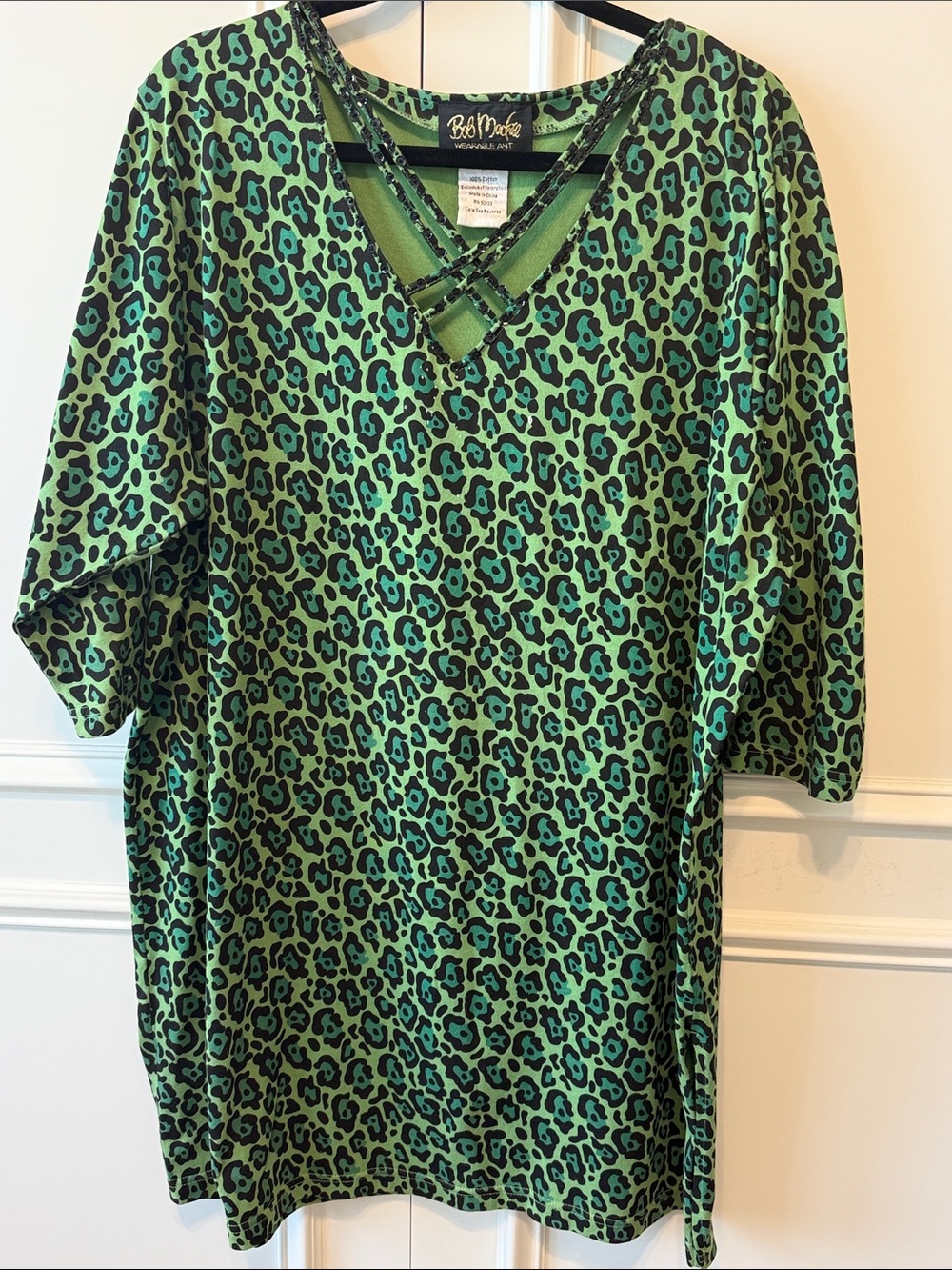 Bob Mackie Green and Black Leopard Print V-Neck Tunic with Crisscross Detail